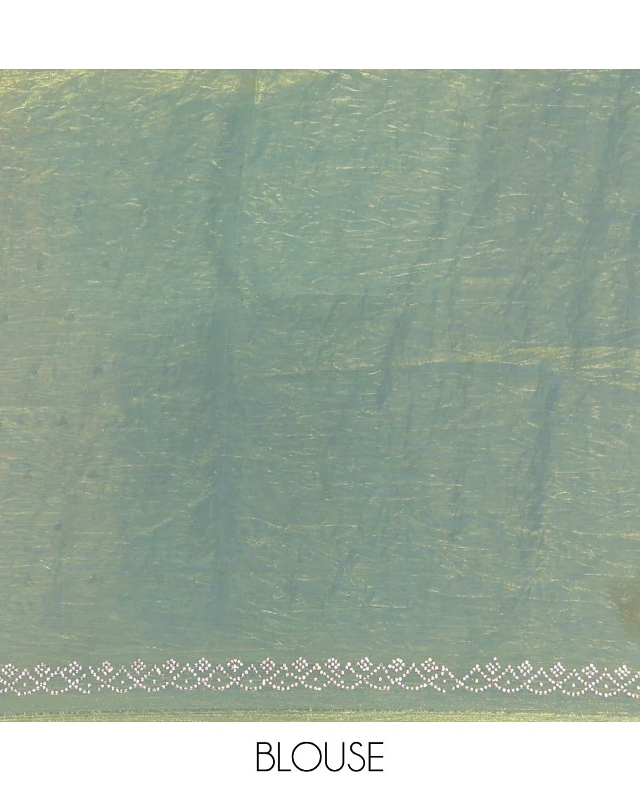 Green Fendy Chiffon Saree Featuring Elegant Stripes and Buttas Adorned with Sparkling Swarovski Stone Work, Enhanced with a Scalloped Swarovski Stone Work Border, and Paired with a Matching Blouse Embellished with Swarovski Stone Work - Image 3