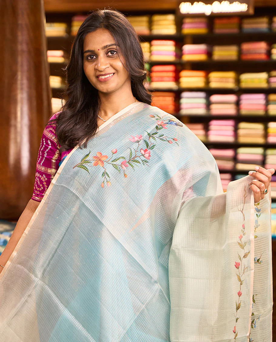 Green floral-bird hand-painted organza silk saree, leaf vine & birds hand-painted piping zari border & zari buttas chiniya silk blouse - Image 2