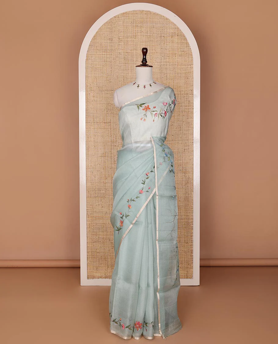 Green floral-bird hand-painted organza silk saree, leaf vine & birds hand-painted piping zari border & zari buttas chiniya silk blouse - Image 5