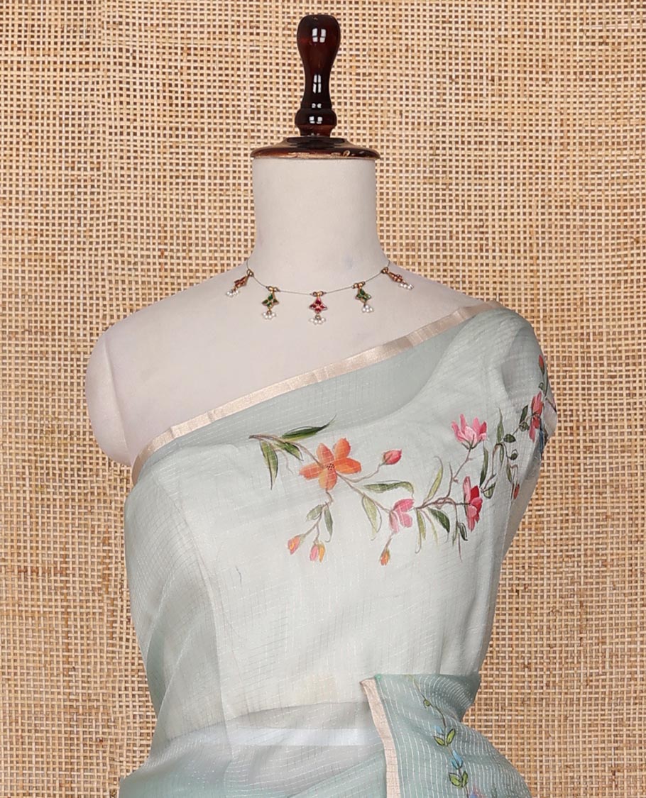 Green floral-bird hand-painted organza silk saree, leaf vine & birds hand-painted piping zari border & zari buttas chiniya silk blouse - Image 6