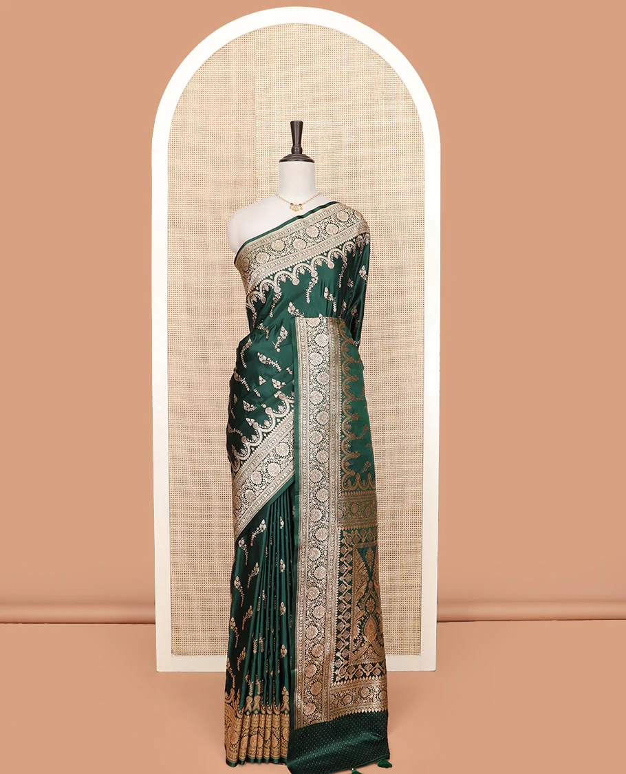 Green floral buttas banarasi silk saree, traditional zari border of floral creeper designs, and pallu of intricate designs - Image 3