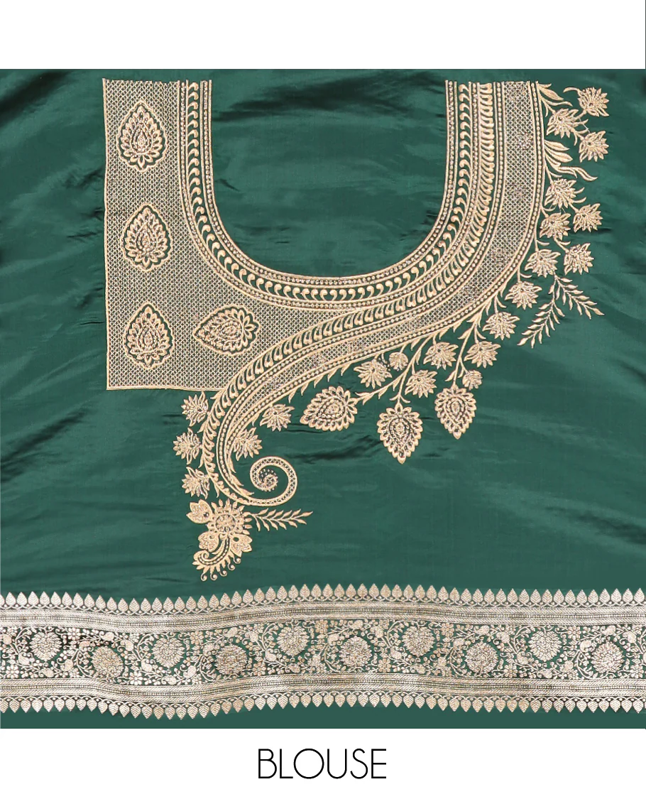 Green floral buttas banarasi silk saree, traditional zari border of floral creeper designs, and pallu of intricate designs - Image 5