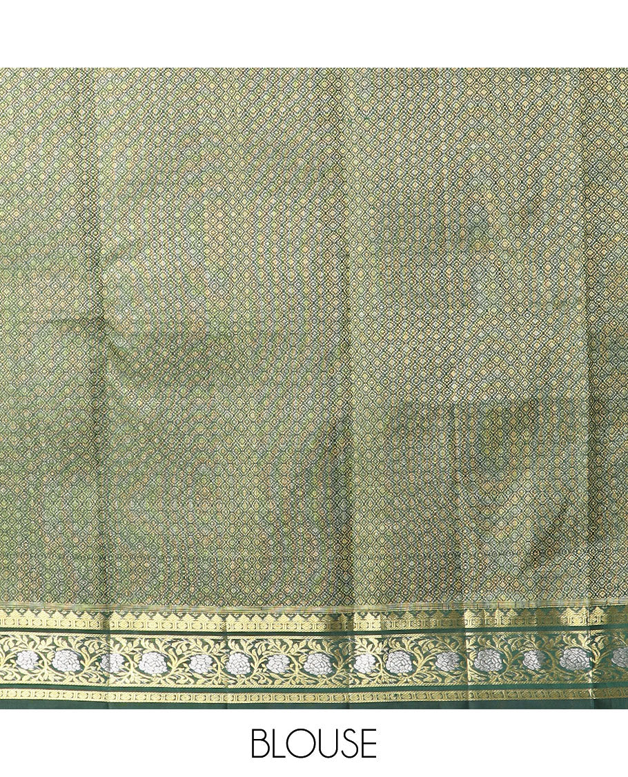 Green floral buttas kancheepuram silk saree with self border of rekku, paun, kodi visiry design & floral striped design pallu - Image 5