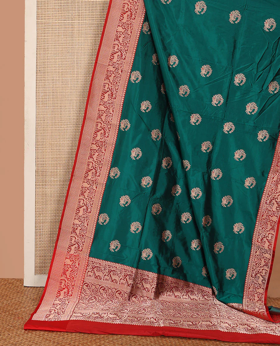 Green floral buttas katan silk saree, contrast traditional border of flora-fauna designs, and pallu of peacock, and derr motifs enclosed circles - Image 2