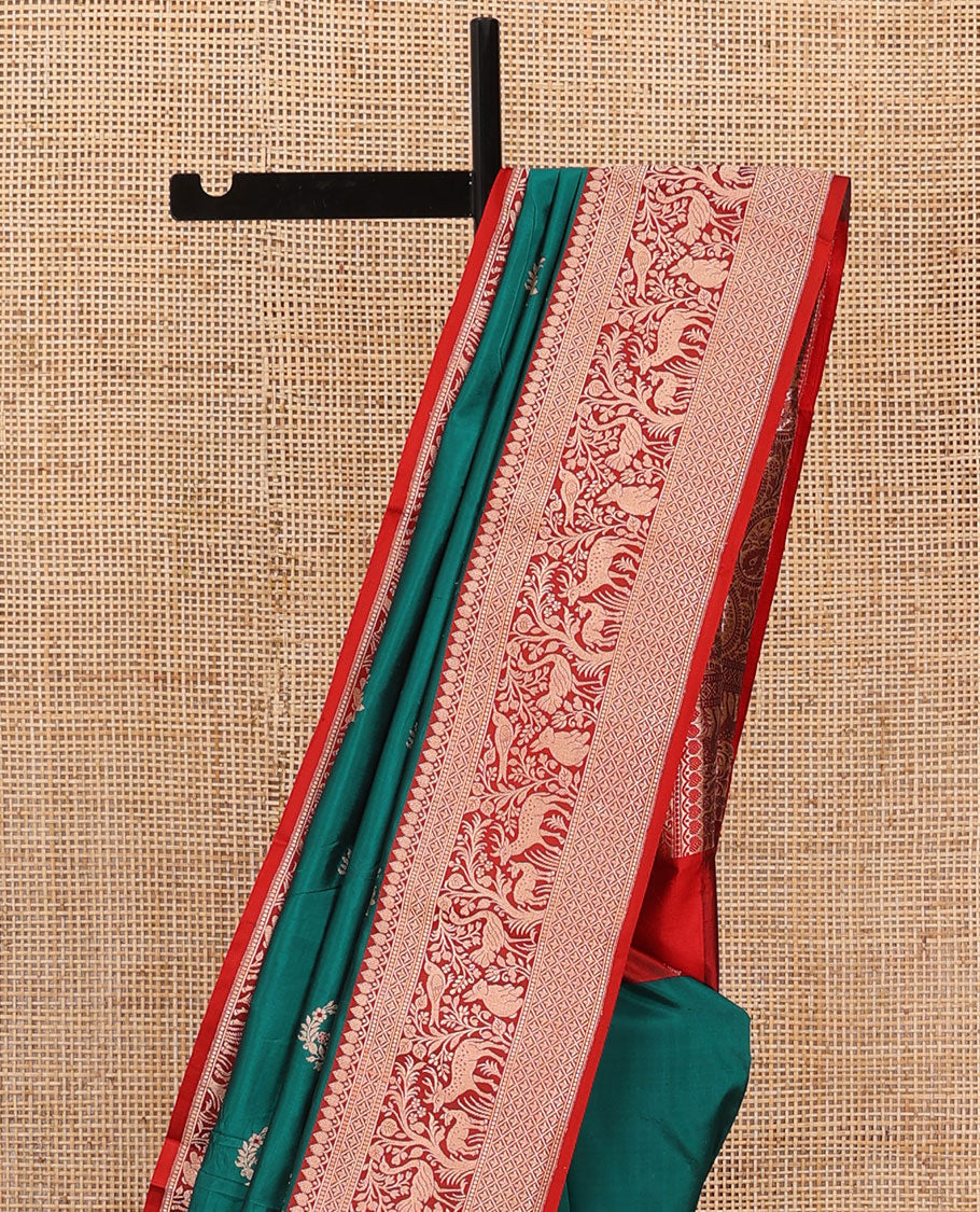 Green floral buttas katan silk saree, contrast traditional border of flora-fauna designs, and pallu of peacock, and derr motifs enclosed circles - Image 3