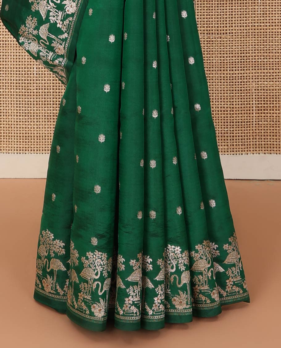 Green floral buttas raw mango silk saree, floral, and flamingos zari border, and jaal pallu - Image 5