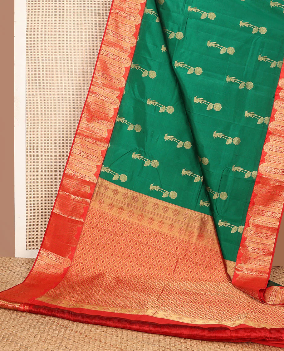Green floral buttas Vasundhara Lite Silk Mix Saree, contrast Mughal-style motifs woven border & pallu of ogee patterns - Image 3