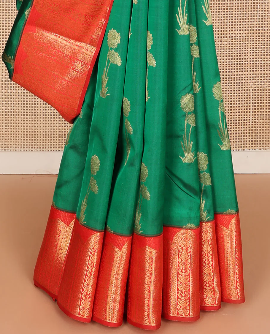 Green floral buttas Vasundhara Lite Silk Mix Saree, contrast Mughal-style motifs woven border & pallu of ogee patterns - Image 5