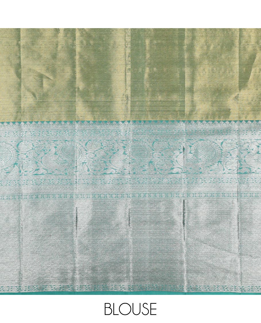 Green floral design pure silk half saree with contrast border of rekku, paun, muthu, banaras design, zari design blouse & floral design dhavani - Image 5