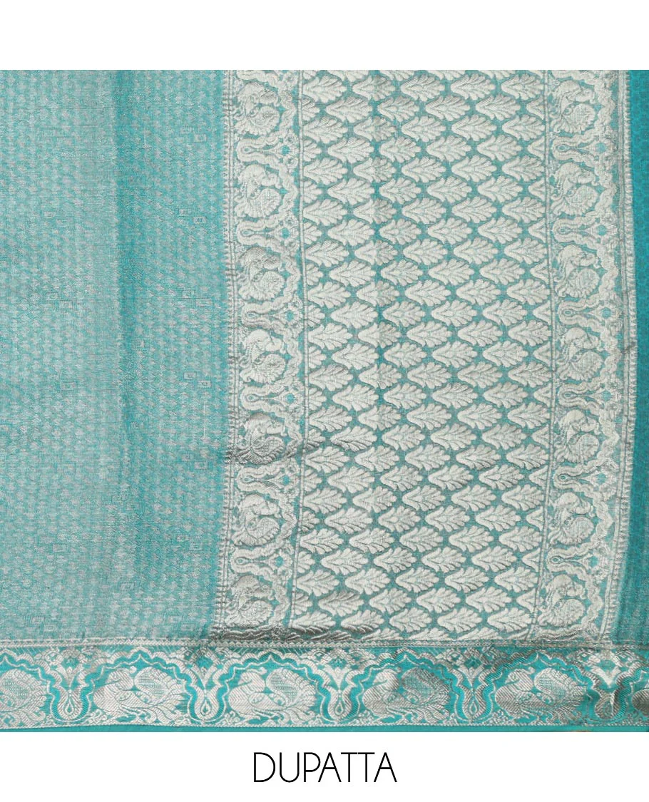 Green floral design pure silk half saree with contrast border of rekku, paun, muthu, banaras design, zari design blouse & floral design dhavani - Image 6