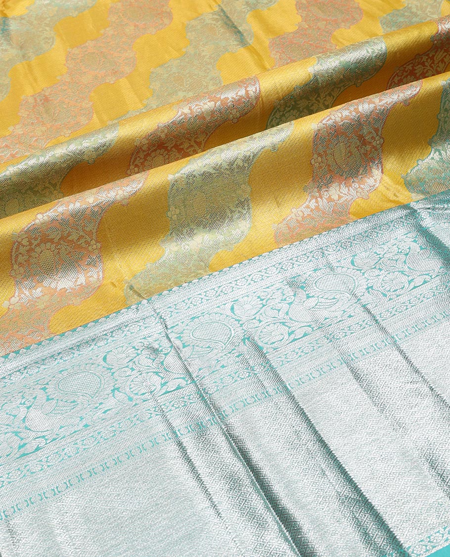 Green floral design pure silk half saree with contrast border of rekku, paun, muthu, banaras design, zari design blouse & floral design dhavani - Image 7
