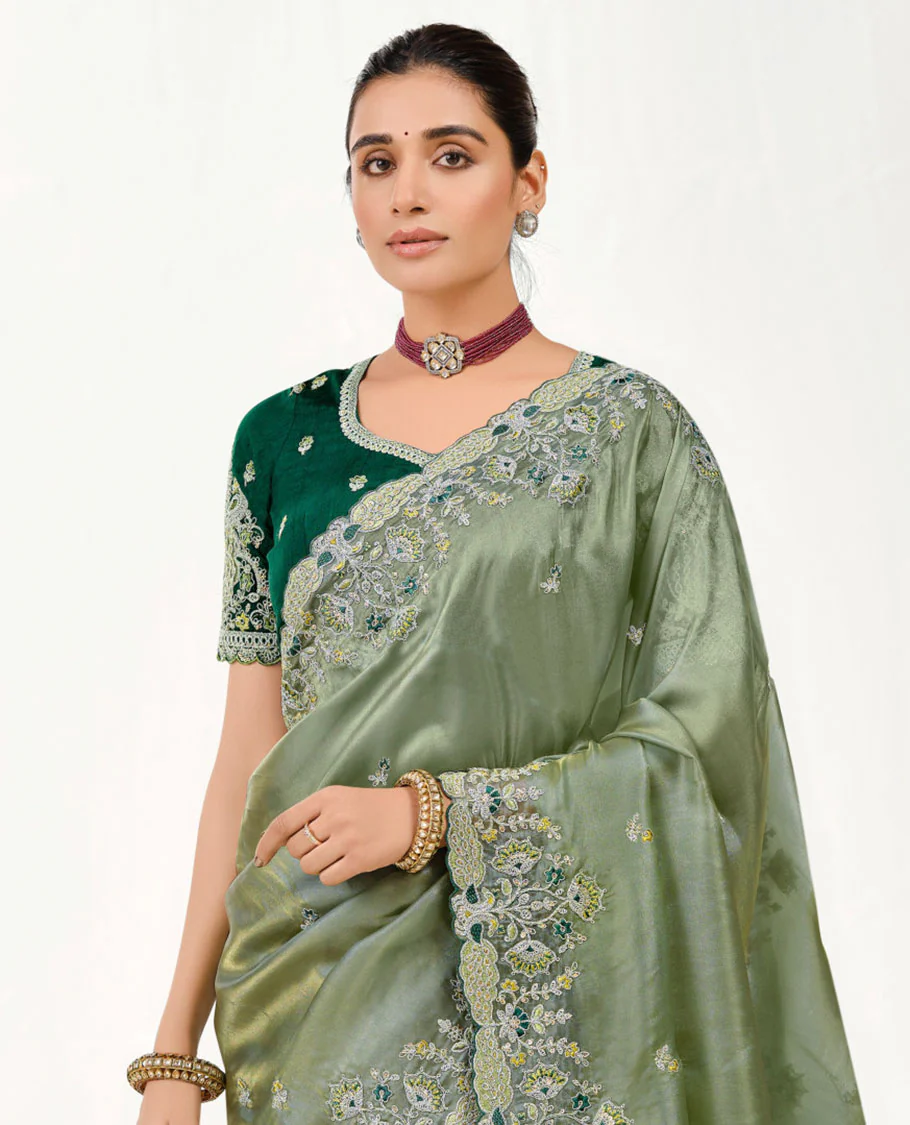 Green Floral Embroidered Designer Saree with Peacock and Floral Motifs Embroidered Scallop Border, Embroidered Pallu, and a Contrast Embroidered Blouse - Image 2