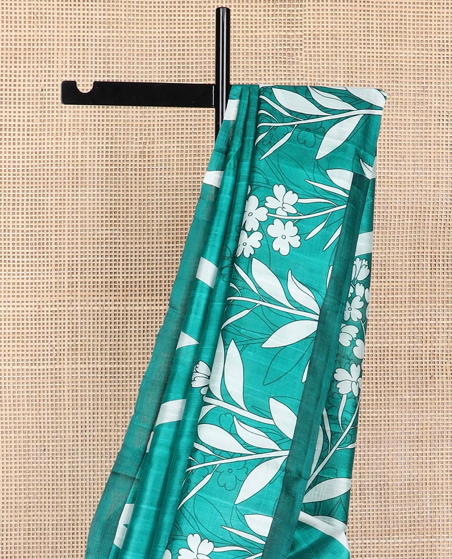 Green floral, geometric design printed silk saree with contrast border - Image 3