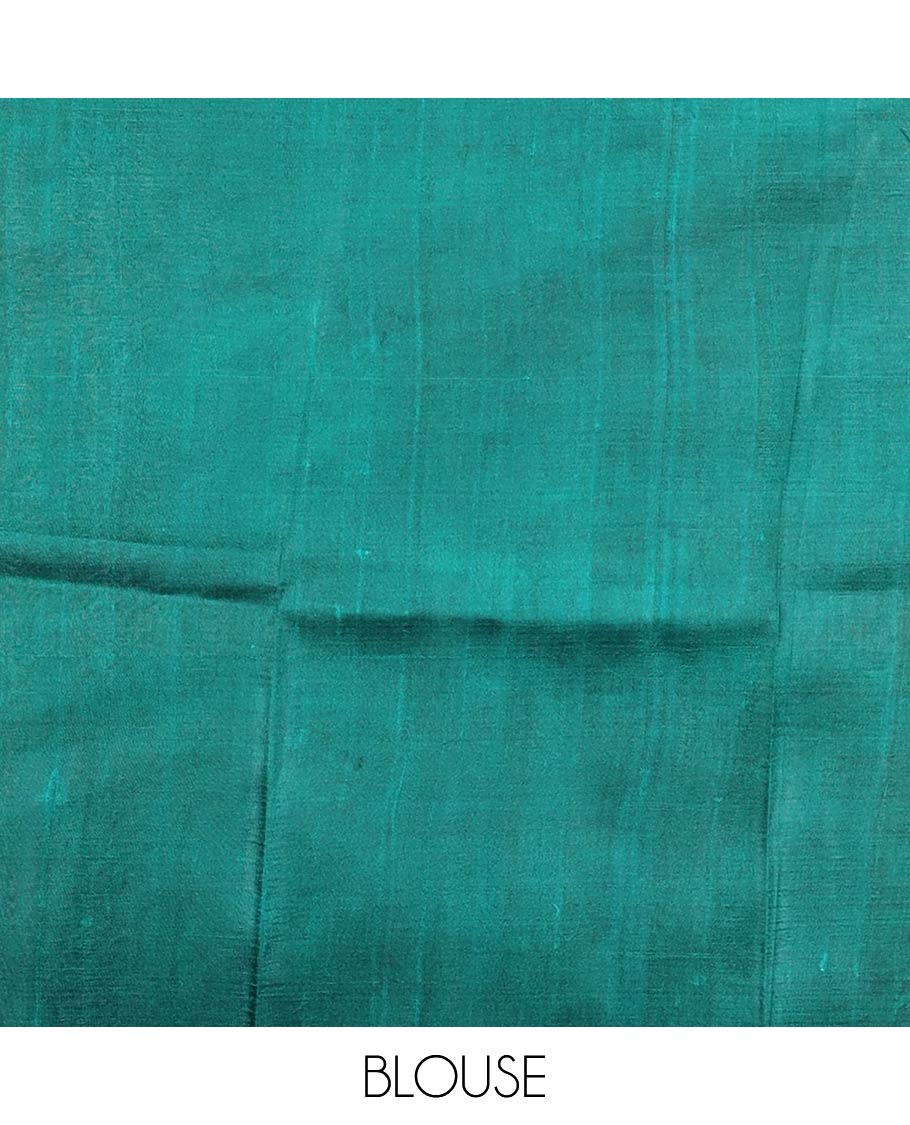 Green floral, geometric design printed silk saree with contrast border - Image 5