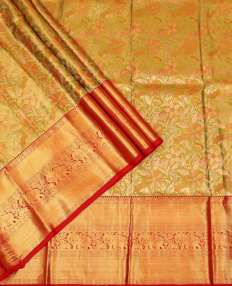 Green floral jaal jacquard pure-silk half-saree with contrast border of rekku, muthu, laddu kamalam, mayil kann, and yaanai designs, a zari bordered blouse, and a contrast intricately zari woven dhavani - Image 2