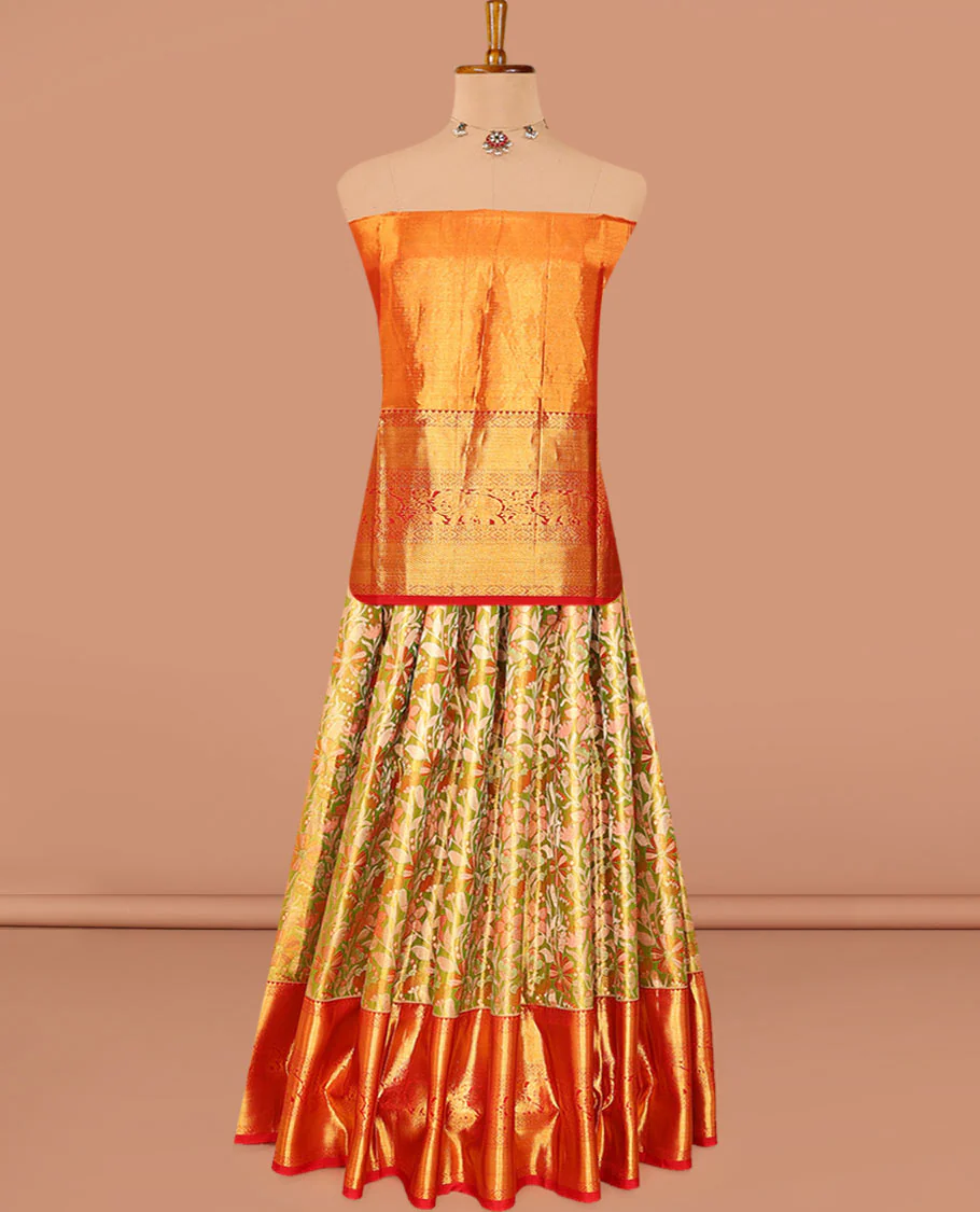 Green floral jaal jacquard pure-silk half-saree with contrast border of rekku, muthu, laddu kamalam, mayil kann, and yaanai designs, a zari bordered blouse, and a contrast intricately zari woven dhavani - Image 3