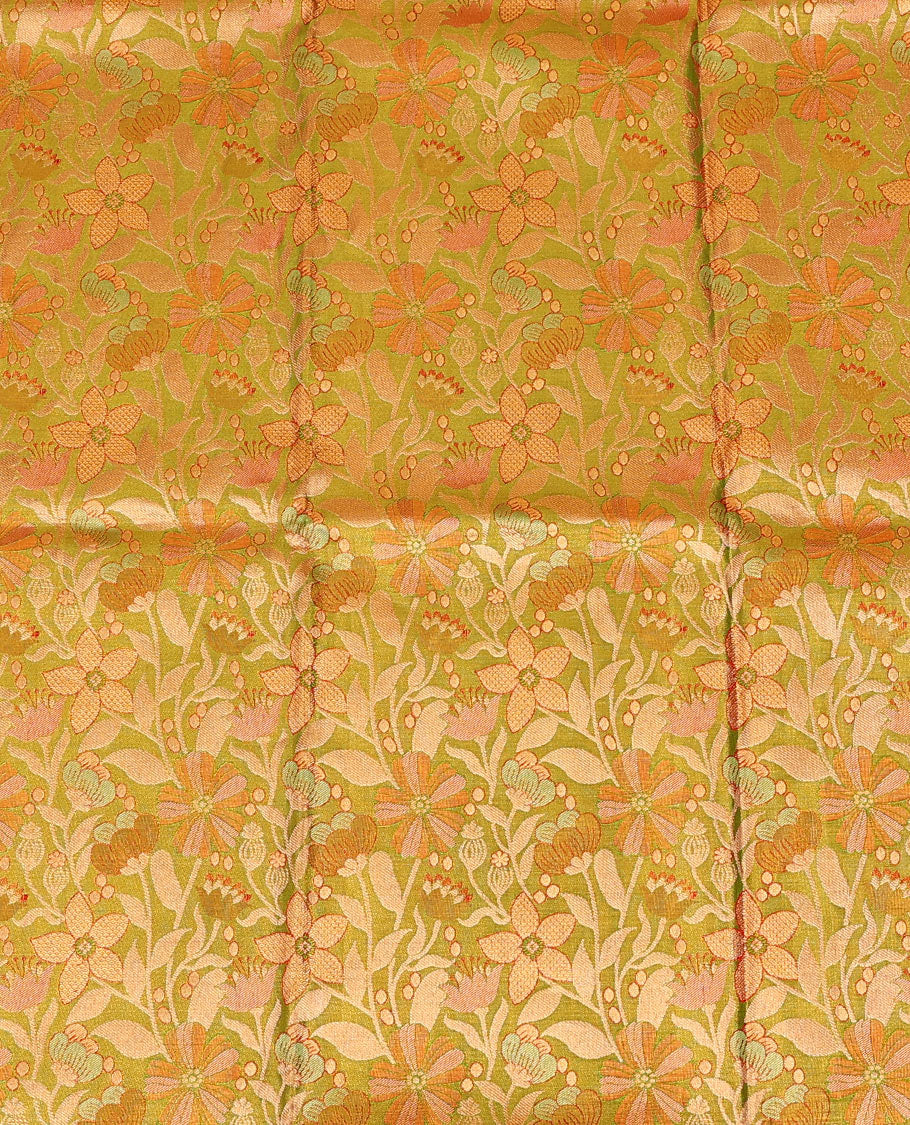 Green floral jaal jacquard pure-silk half-saree with contrast border of rekku, muthu, laddu kamalam, mayil kann, and yaanai designs, a zari bordered blouse, and a contrast intricately zari woven dhavani - Image 4