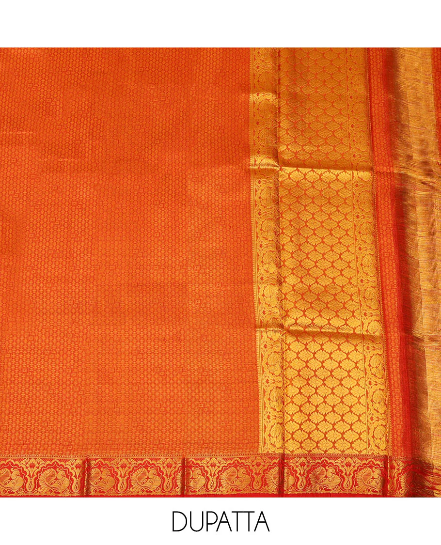 Green floral jaal jacquard pure-silk half-saree with contrast border of rekku, muthu, laddu kamalam, mayil kann, and yaanai designs, a zari bordered blouse, and a contrast intricately zari woven dhavani - Image 5
