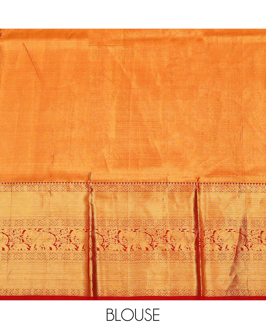 Green floral jaal jacquard pure-silk half-saree with contrast border of rekku, muthu, laddu kamalam, mayil kann, and yaanai designs, a zari bordered blouse, and a contrast intricately zari woven dhavani - Image 6
