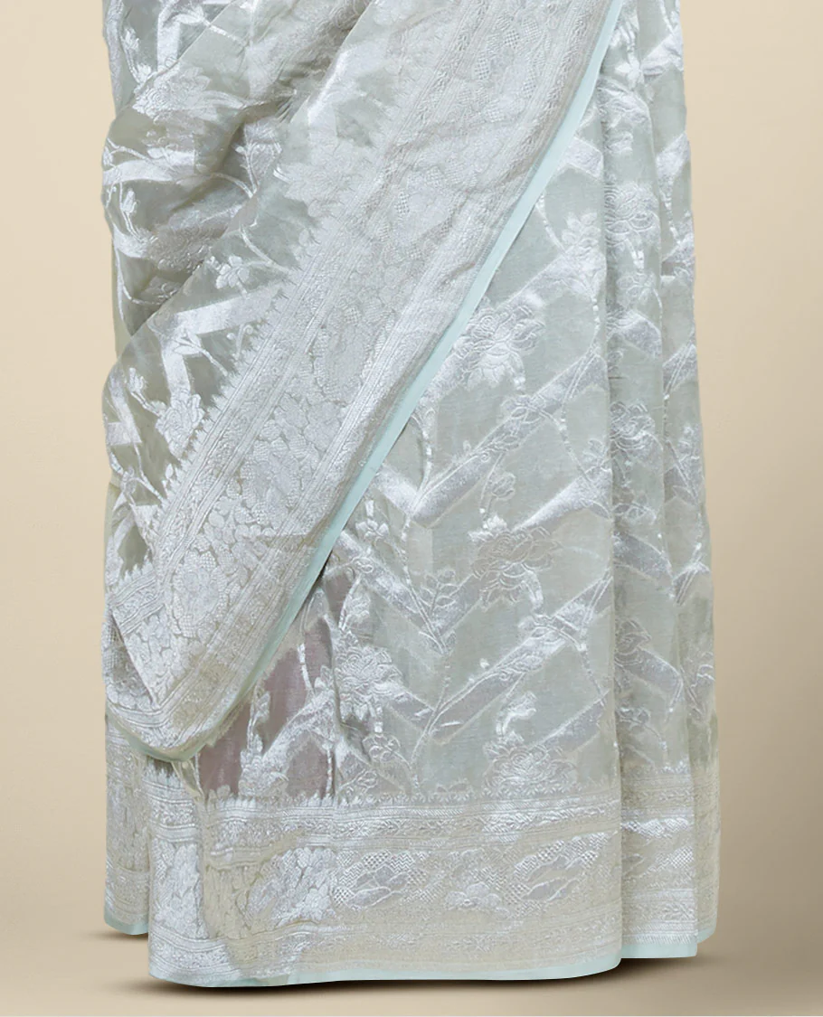 Green floral jacquard banaras georgette saree, self-border of floral & traditional designs - Image 3