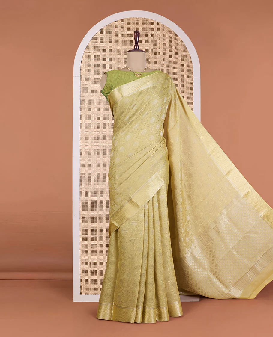 Green floral jacquard Mysore silk saree, traditional zari border, and zari-rich jaal pallu - Image 2
