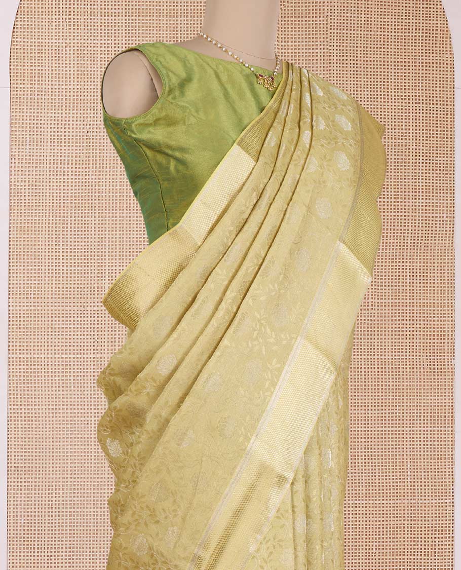 Green floral jacquard Mysore silk saree, traditional zari border, and zari-rich jaal pallu - Image 3