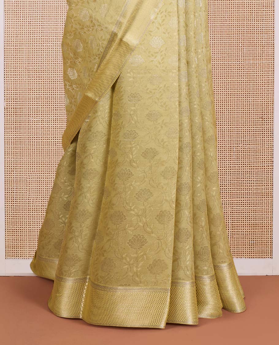 Green floral jacquard Mysore silk saree, traditional zari border, and zari-rich jaal pallu - Image 4