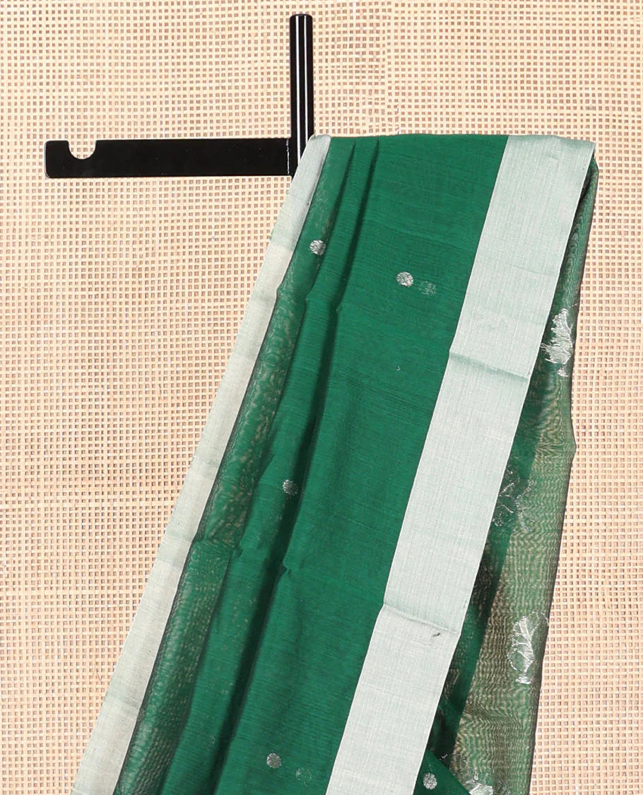 Green floral motifs chanderi cotton saree with contrast zari border & striped pallu - Image 3