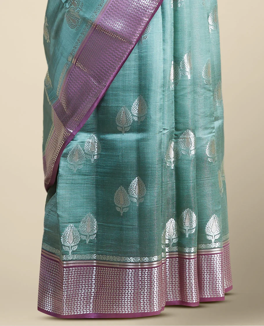 Green floral motifs dupion silk saree with contrast intricate zari design border - Image 3