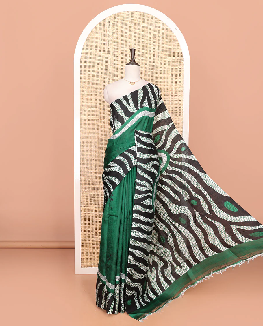 Green floral motifs printed sarees with zebra-skin texture print and chevron print