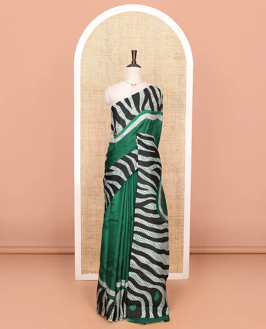 Green floral motifs printed sarees with zebra-skin texture print and chevron print - Image 3