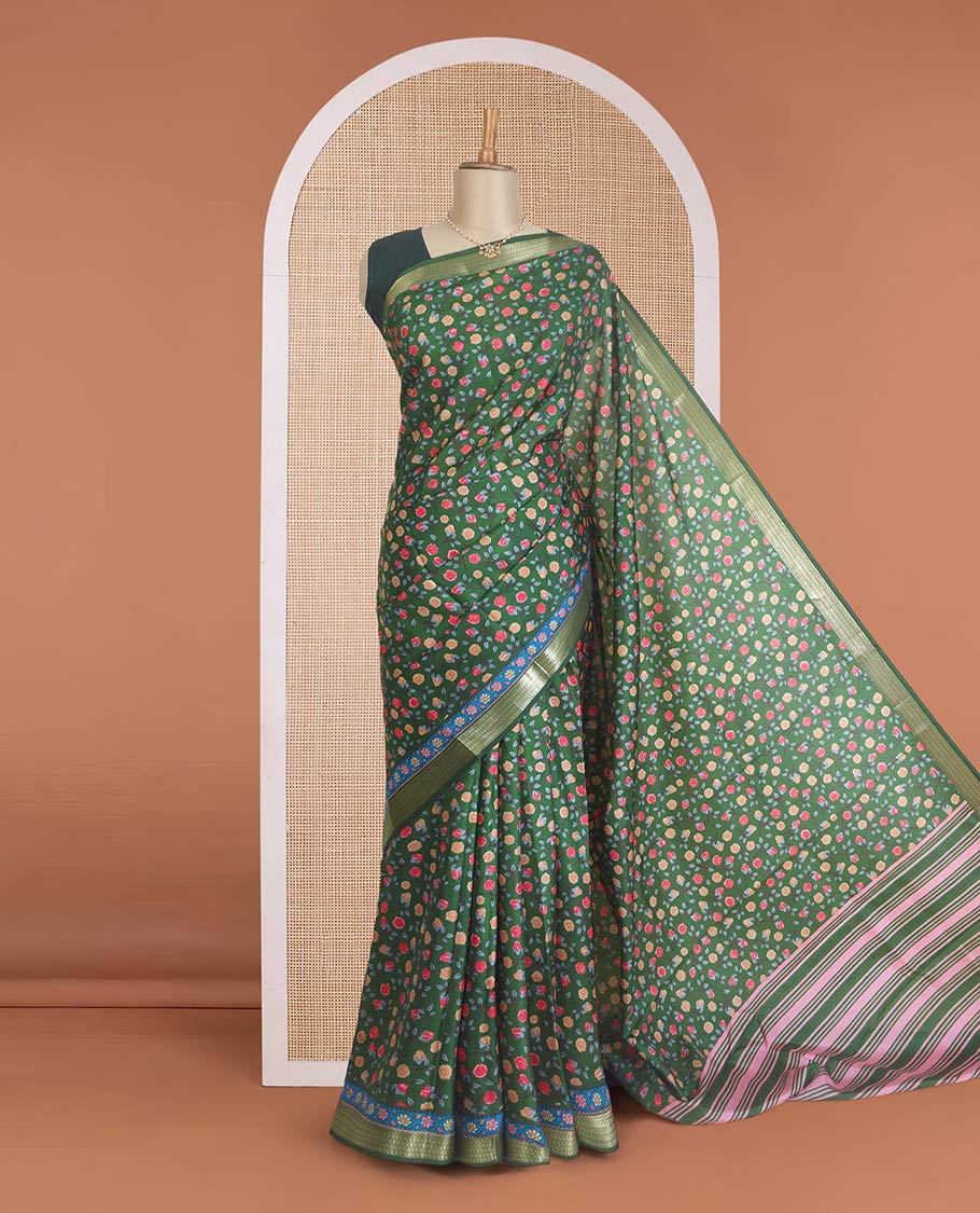Green floral motifs printed silk saree, paisley zari motifs border, and pallu of stripes - Image 2