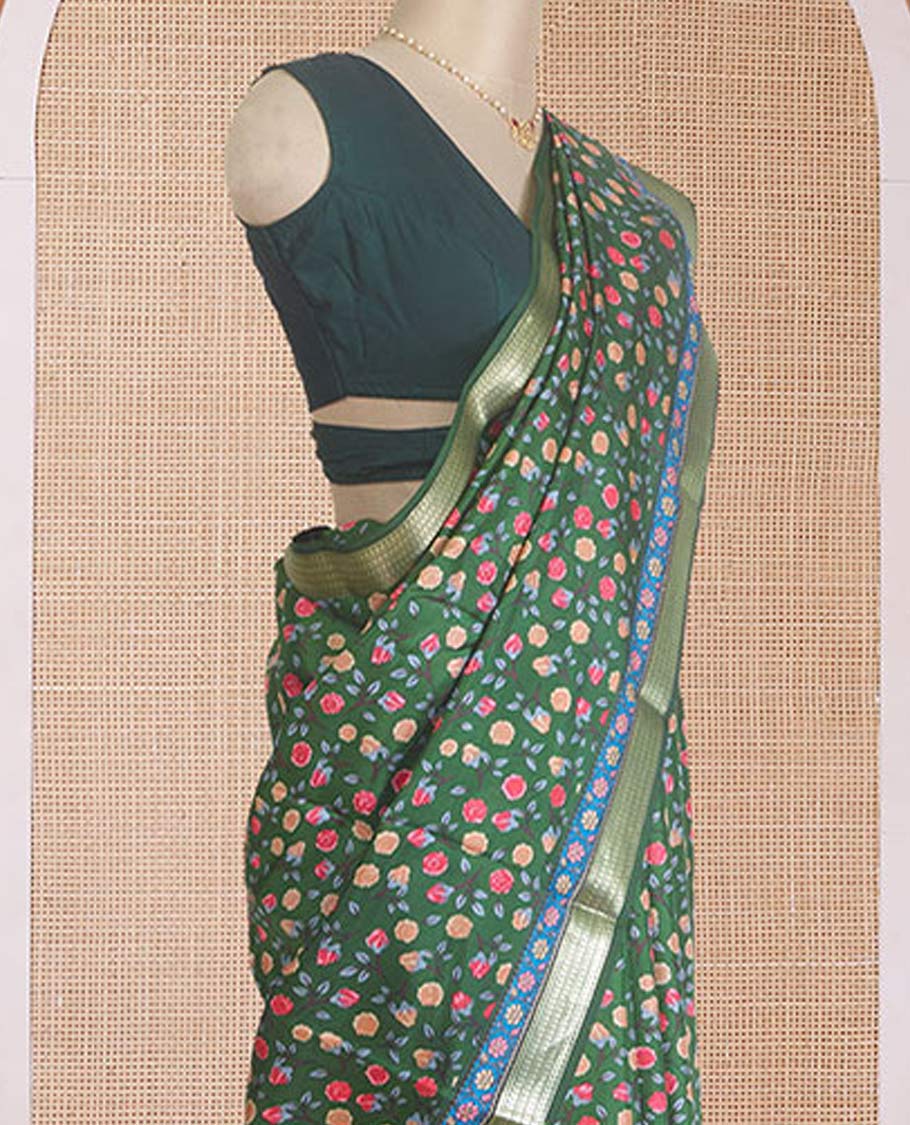 Green floral motifs printed silk saree, paisley zari motifs border, and pallu of stripes - Image 3