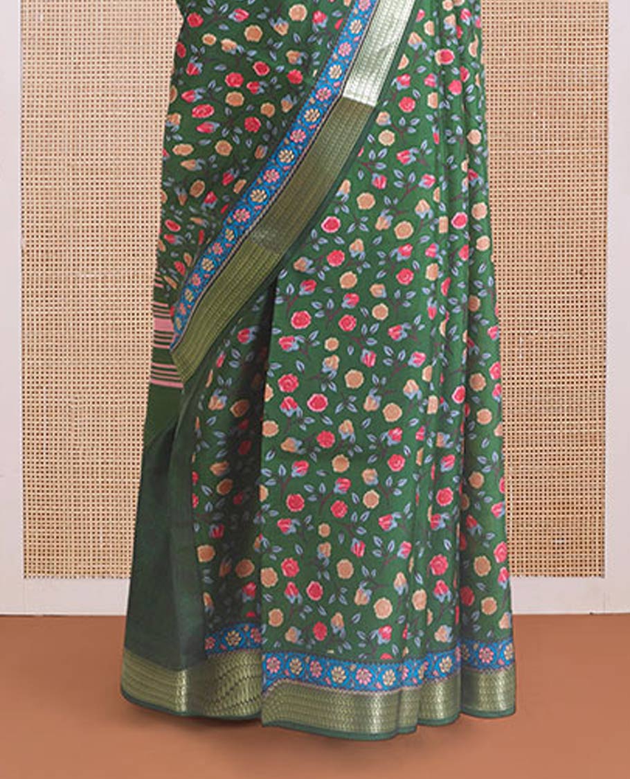 Green floral motifs printed silk saree, paisley zari motifs border, and pallu of stripes - Image 4