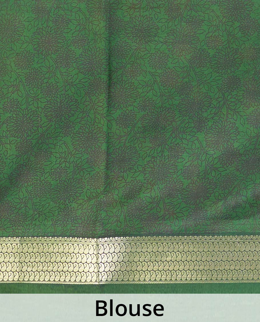 Green floral motifs printed silk saree, paisley zari motifs border, and pallu of stripes - Image 5