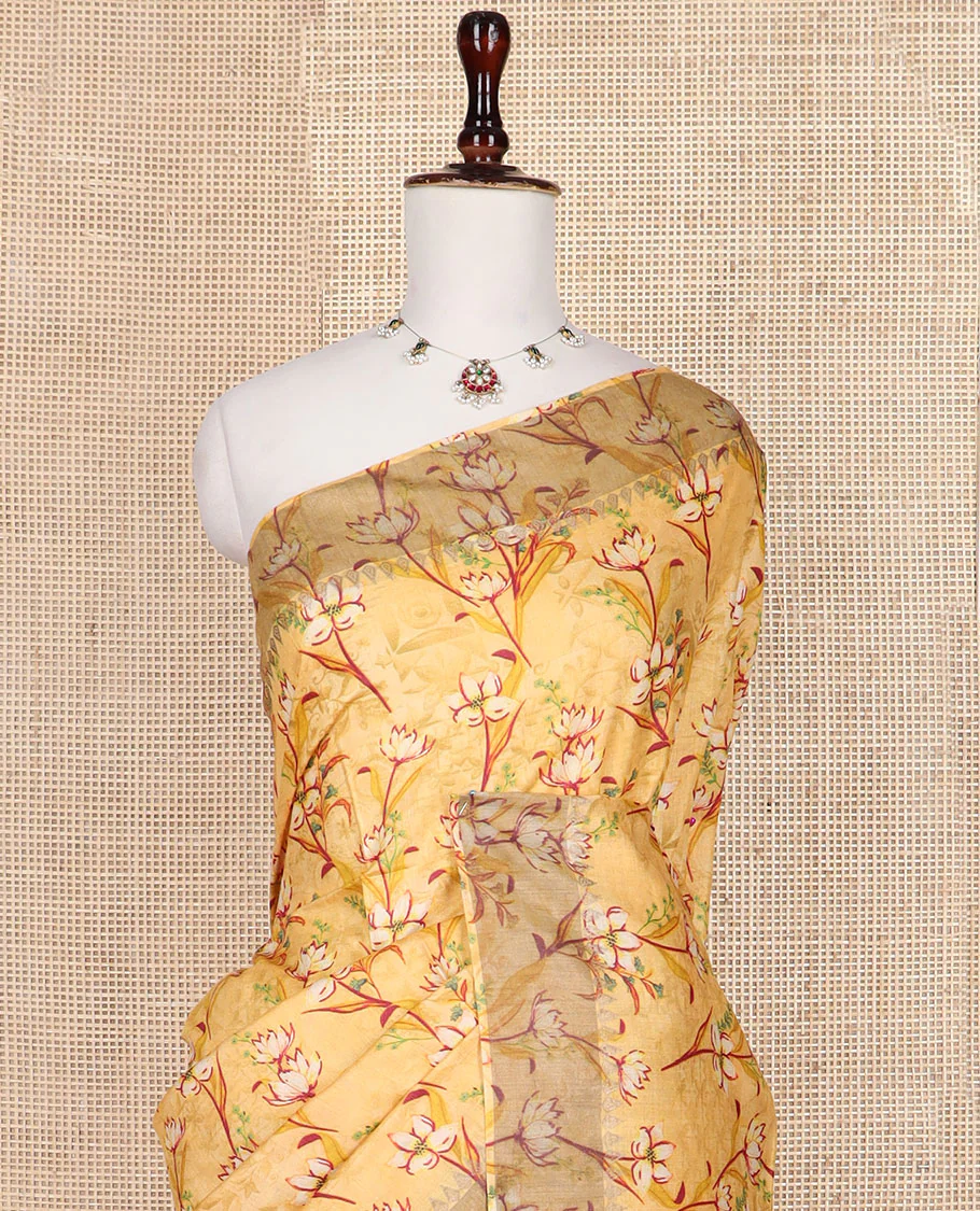 Yellow floral vine printed tussar silk saree, thilakam motifs border, and checked pallu - Image 2