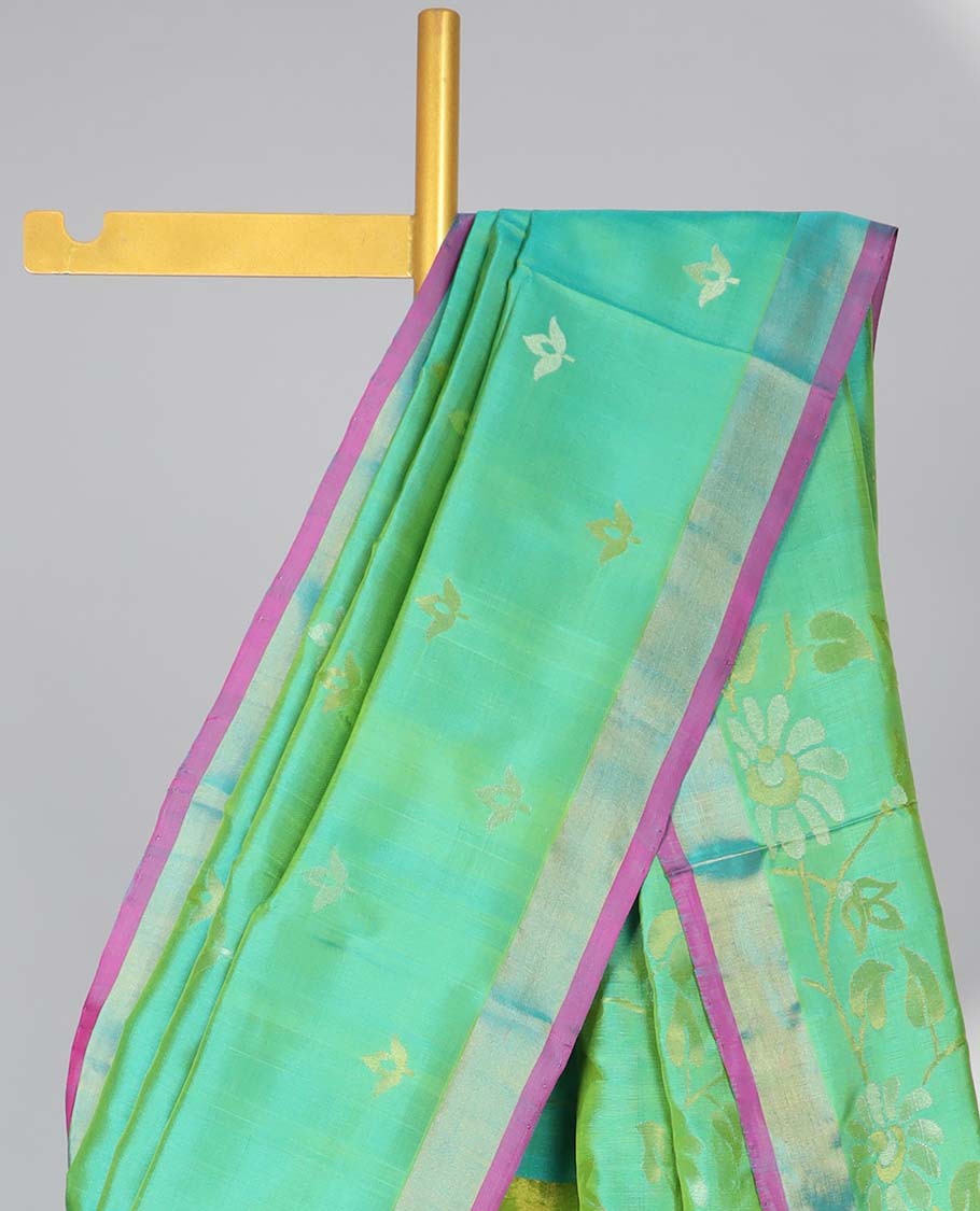 green floral motifs upadda silk saree with self zari border & floral vine design pallu - Image 3