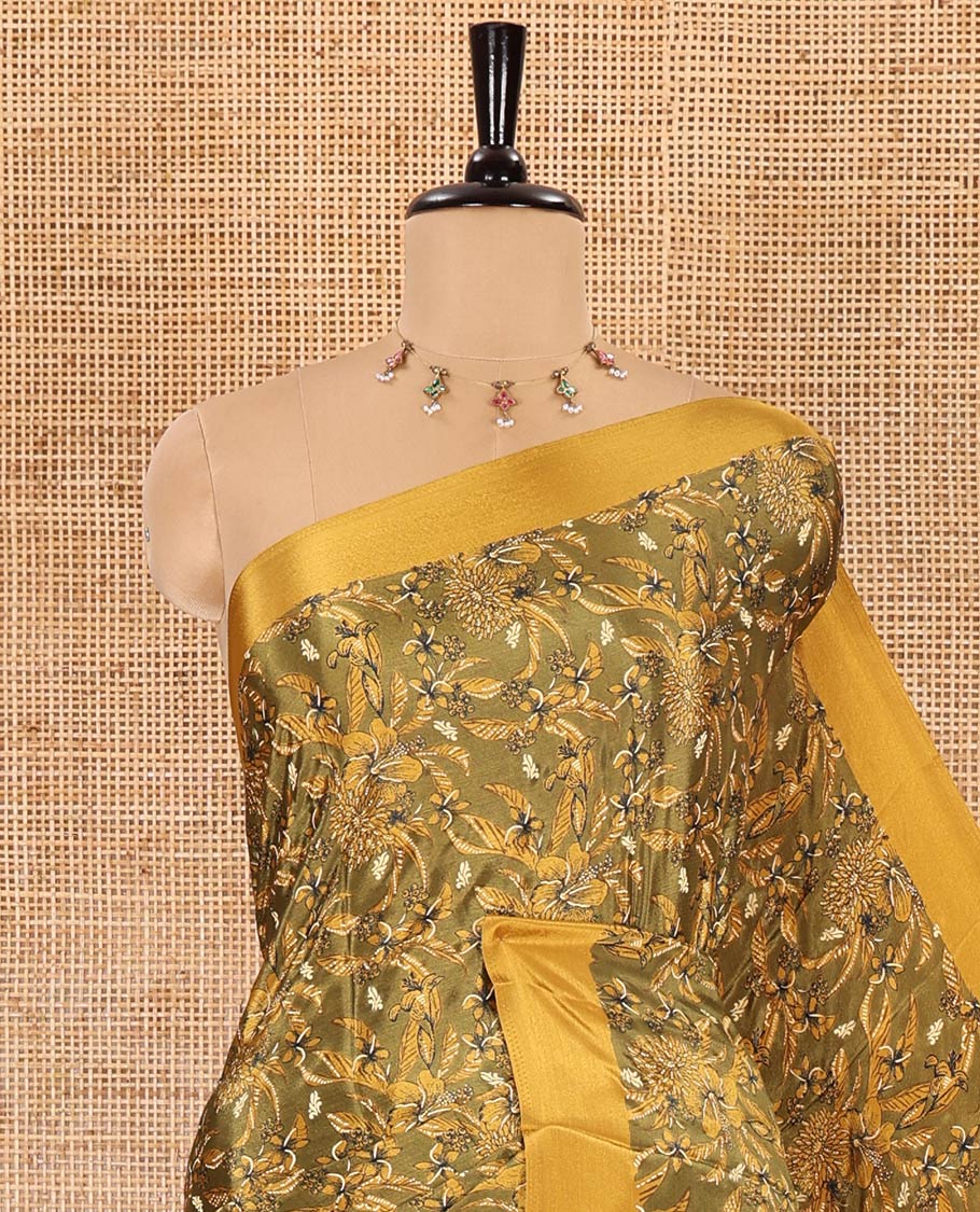 Green floral style printed Turkey crepe saree, contrast plain border, geometric printed pallu, and a contrast polka dotted blouse - Image 2