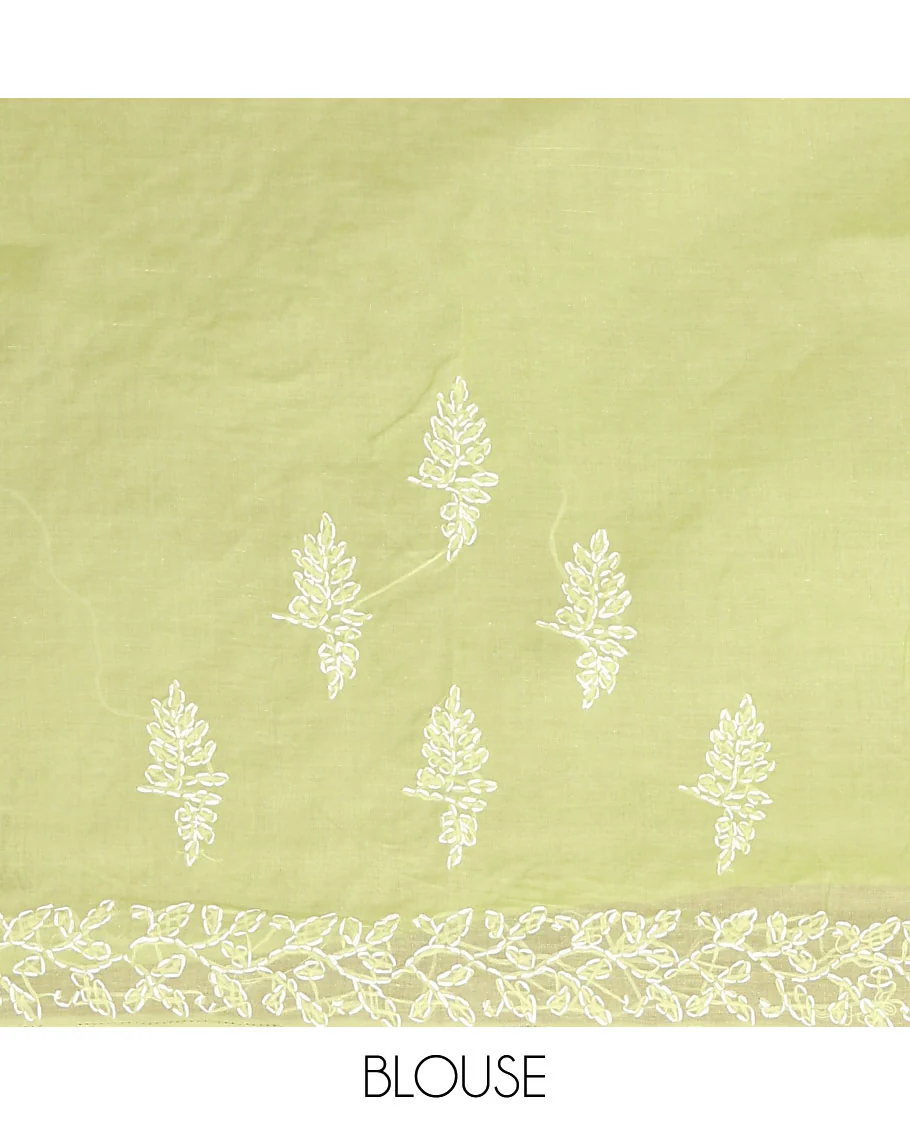 Green floral thread embroidered buttas Lucknowi chikankari saree, floral creeper thread embroidered border, and paisley embroidered pallu - Image 3