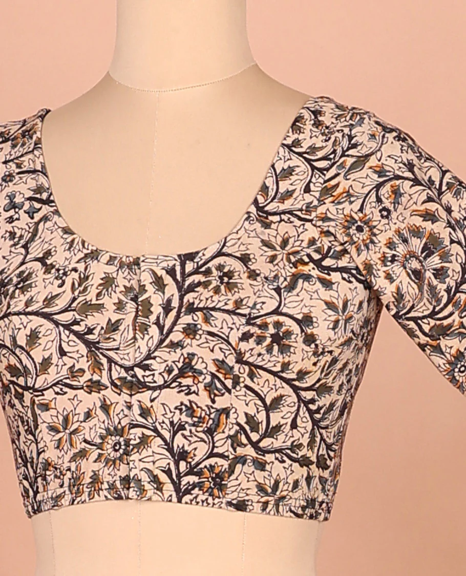 Green floral vine printed front and back round neck elbow sleeve cotton readymade blouse - Image 2