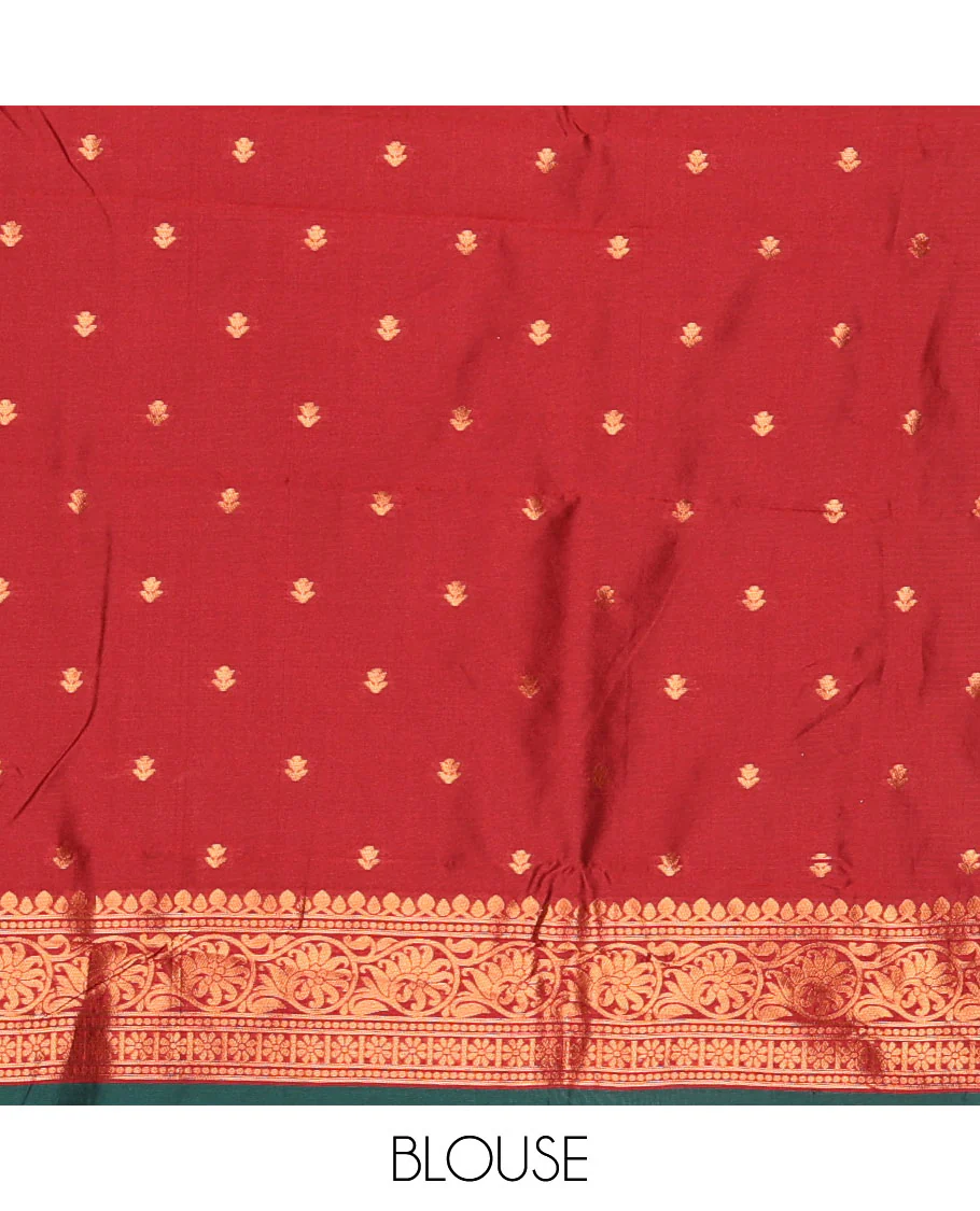 Green floral zari buttas Kanchi silk saree, contrast floral motifs zari woven border, butta enclosed jaal pallu, and a zari design pallu - Image 3