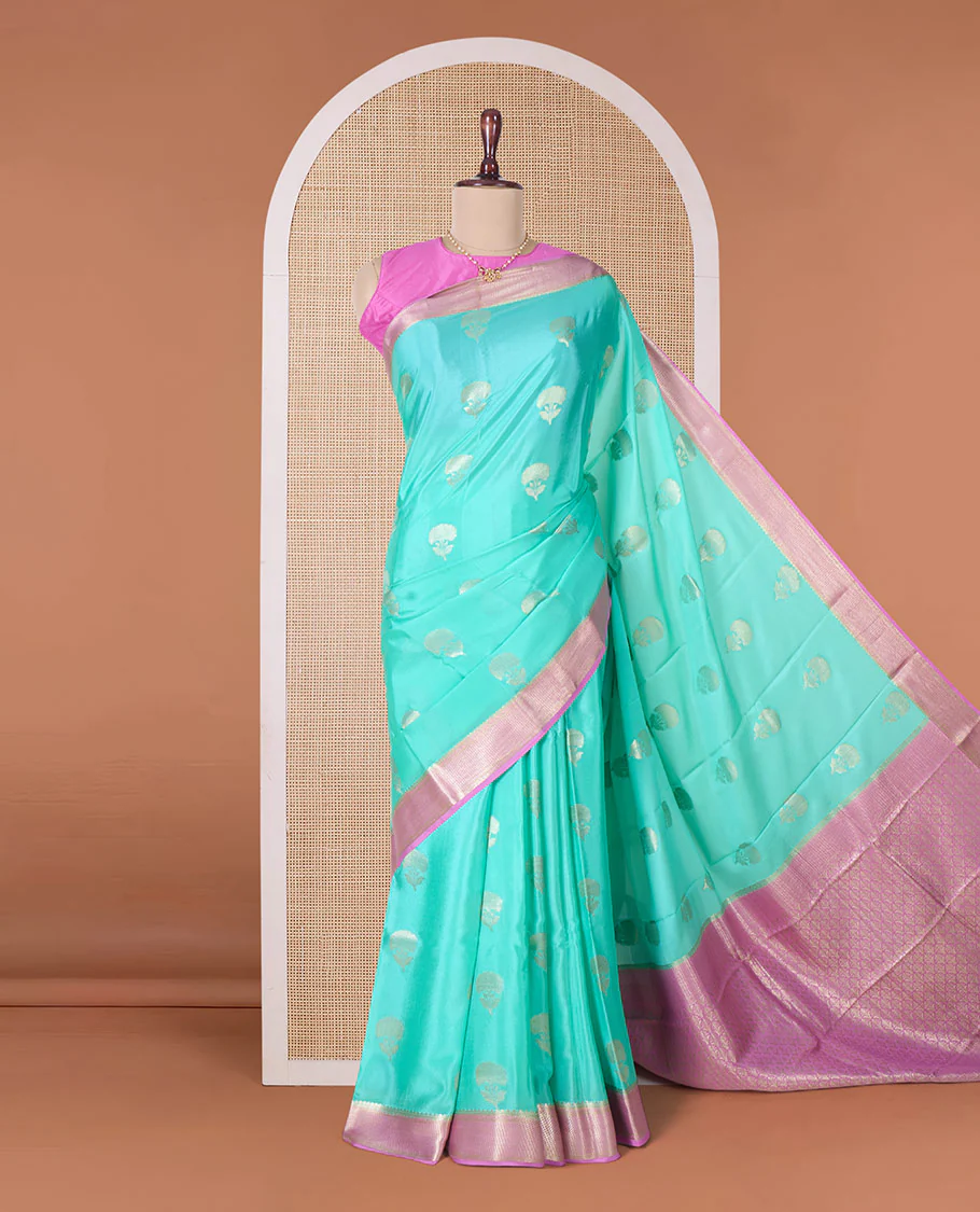 Green floral zari buttas Mysore silk saree, contrast traditional zari border, and scallop design pallu - Image 2
