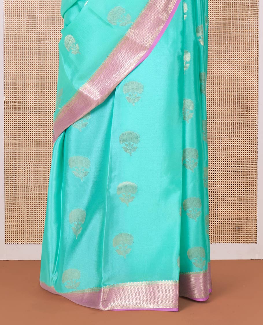 Green floral zari buttas Mysore silk saree, contrast traditional zari border, and scallop design pallu - Image 4