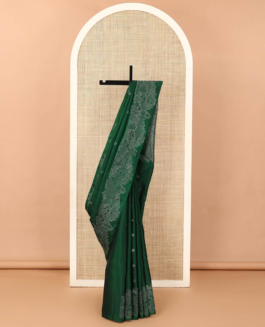 Green floral zari buttas Mayuri soft silk saree, floral vine border, and pallu of floral designs