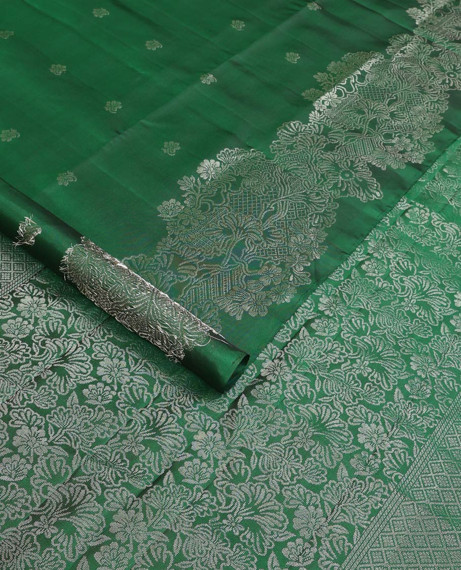 Green floral zari buttas Mayuri soft silk saree, floral vine border, and pallu of floral designs - Image 2