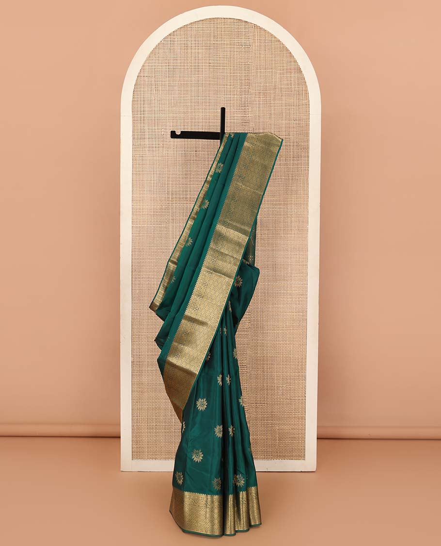 Green floral zari buttas Vasundhara Lite Silk Mix Saree, zari border of thilakam, manga, kodi visiry, and jaal designs, and intricate pallu