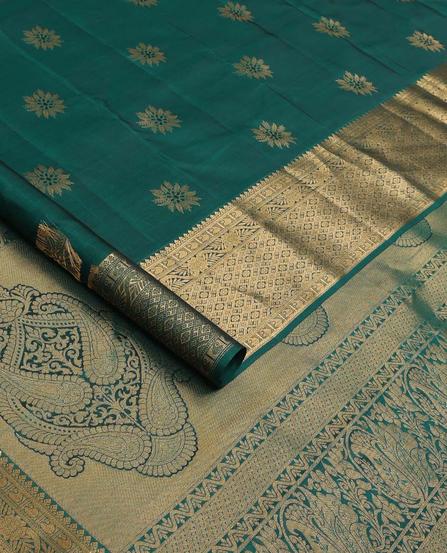 Green floral zari buttas Vasundhara Lite Silk Mix Saree, zari border of thilakam, manga, kodi visiry, and jaal designs, and intricate pallu - Image 2
