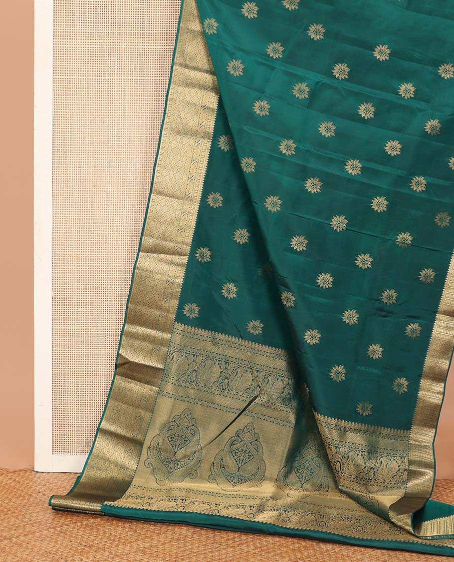 Green floral zari buttas Vasundhara Lite Silk Mix Saree, zari border of thilakam, manga, kodi visiry, and jaal designs, and intricate pallu - Image 3