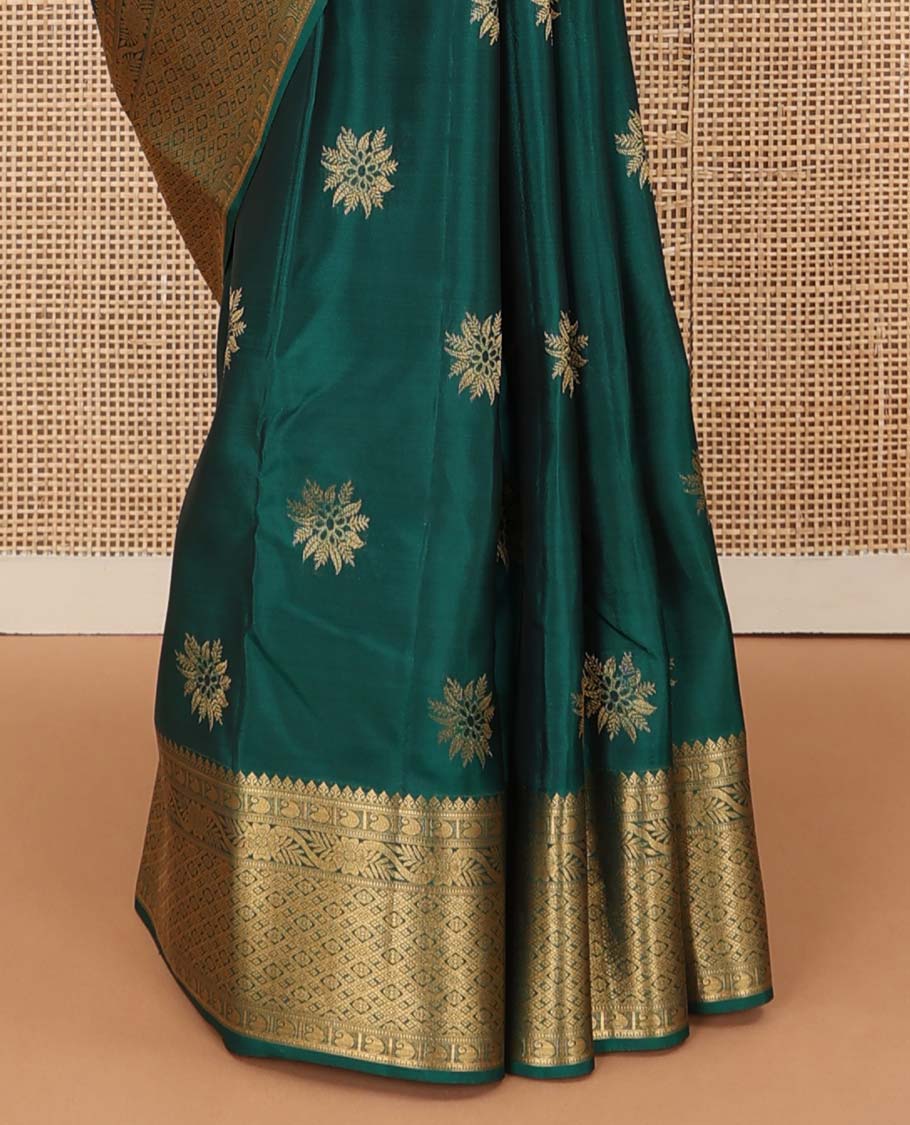 Green floral zari buttas Vasundhara Lite Silk Mix Saree, zari border of thilakam, manga, kodi visiry, and jaal designs, and intricate pallu - Image 5