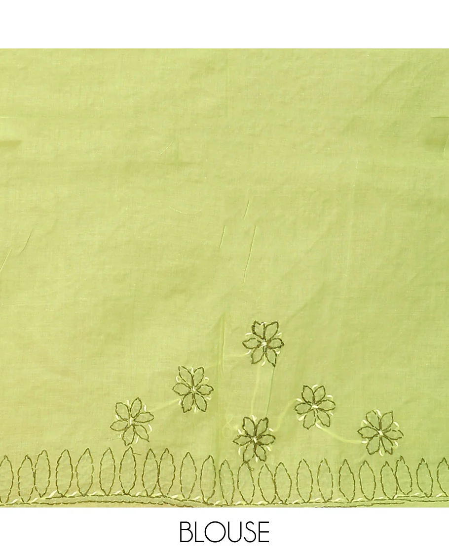 Green flowers thread embroidered Lucknowi chikankari saree, ogee patterned border, and floral embroidered pallu - Image 3